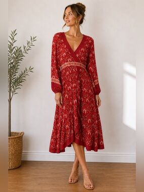 Spell Red Floral Wrap Midi Dress with Orange Waist Trim